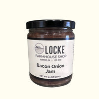A jar of Locke Farmhouse Shop Bacon Onion Jam with the label clearly showing the product name and the net weight of 19 oz (569 g).