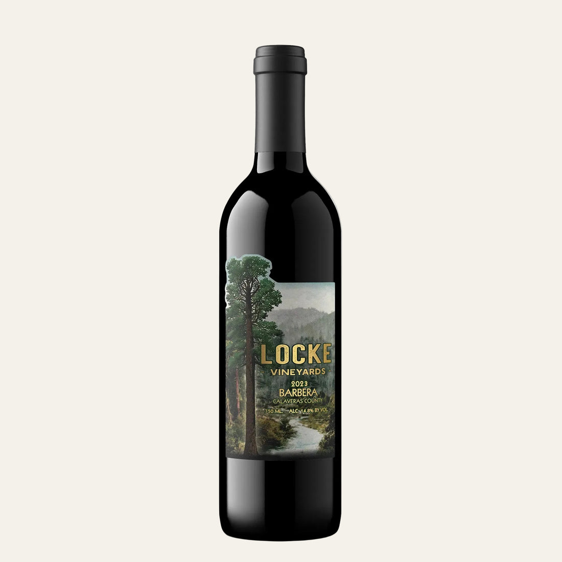 Wine bottle with a label featuring a scenic design on a white background